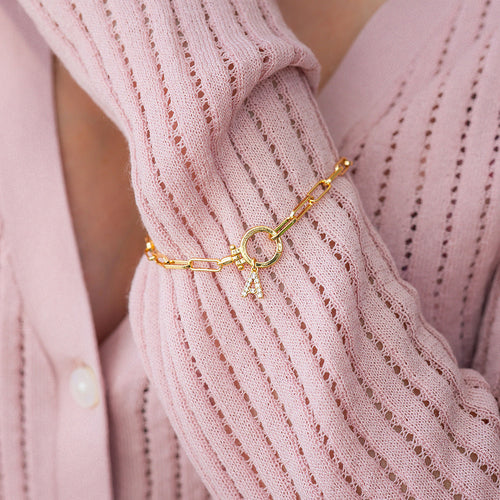 Mint Paperclip Bracelet with Pave Initial Charm