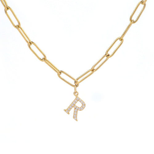 Diamond Letter Pendant Necklace with Paperclip Chain