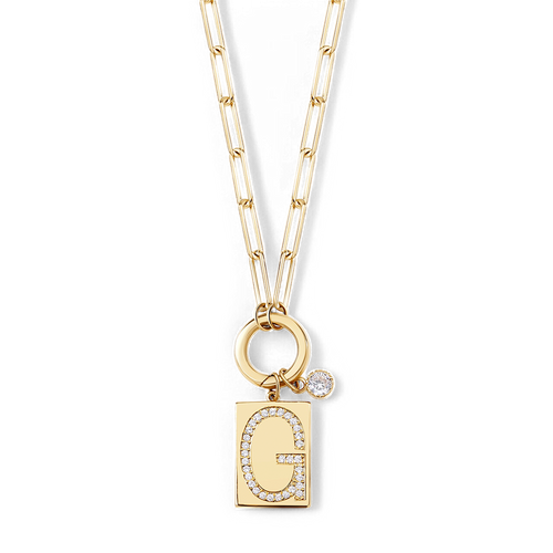 Pave Initial Pendant Necklace with Paperclip Chain