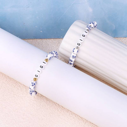 Custom Name Blue Porcelain Floral Beaded Bracelet