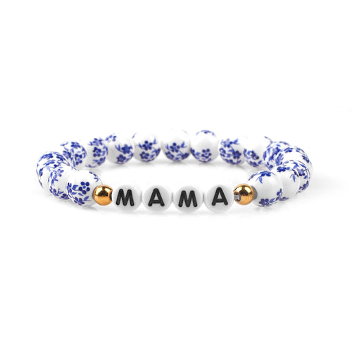 Custom Name Blue Porcelain Floral Beaded Bracelet