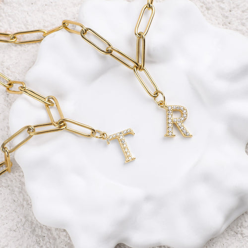 Diamond Letter Pendant Necklace with Paperclip Chain