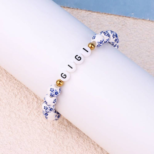Custom Name Blue Porcelain Floral Beaded Bracelet