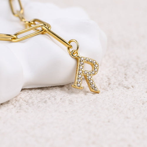 Diamond Letter Pendant Necklace with Paperclip Chain