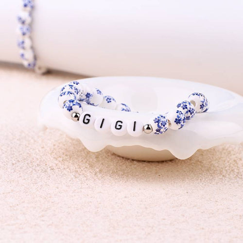 Custom Name Blue Porcelain Floral Beaded Bracelet
