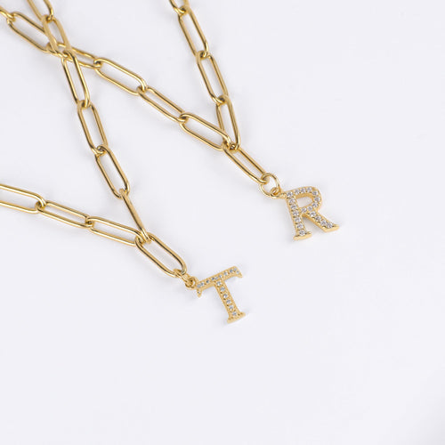 Diamond Letter Pendant Necklace with Paperclip Chain