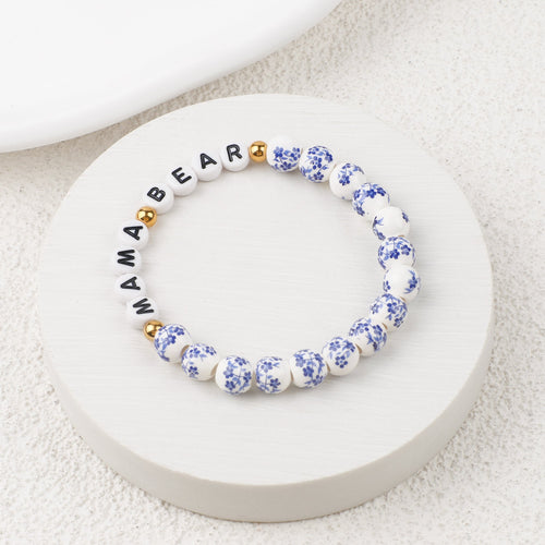 Custom Name Blue Porcelain Floral Beaded Bracelet