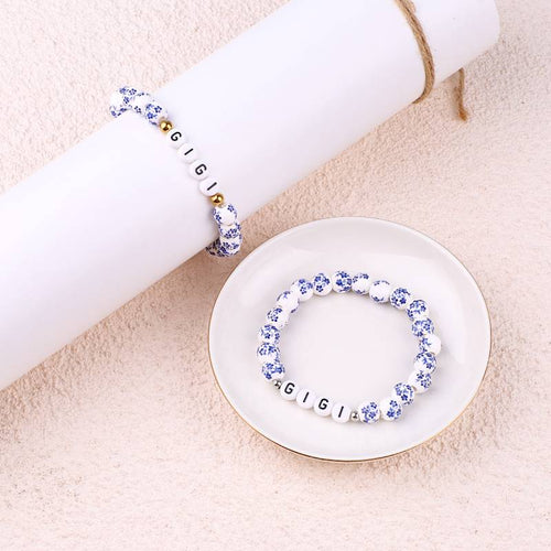 Custom Name Blue Porcelain Floral Beaded Bracelet