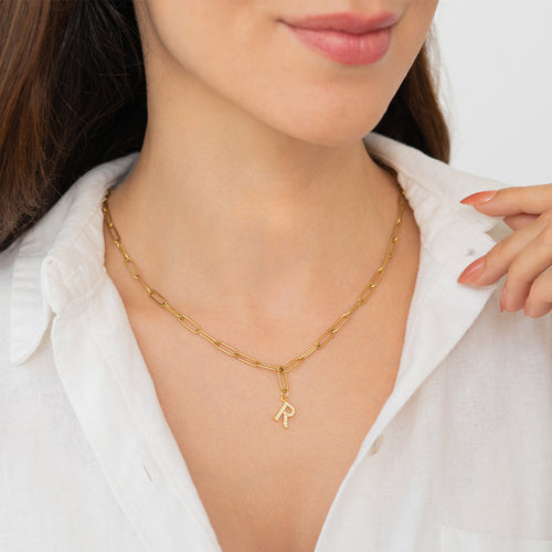 Diamond Letter Pendant Necklace with Paperclip Chain