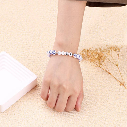 Custom Name Blue Porcelain Floral Beaded Bracelet