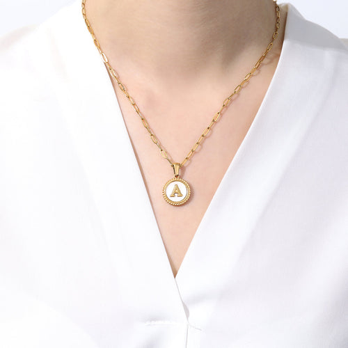 Mother of Pearl Disc Letter Necklace with Paperclip Chain