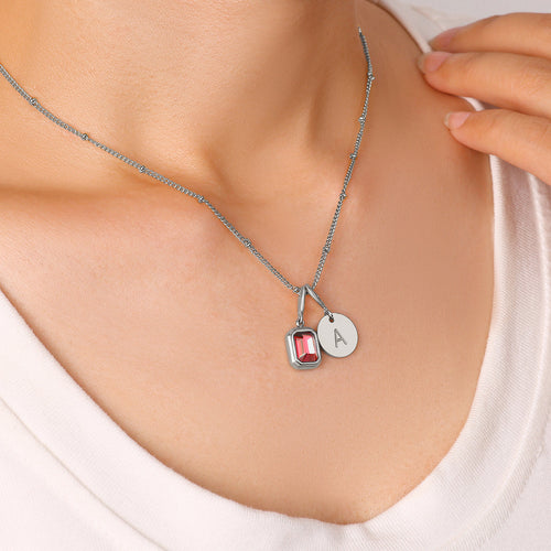 Baguette Birthstone & Initial Necklace