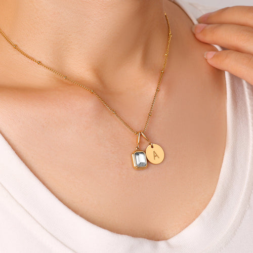 Baguette Birthstone & Initial Necklace