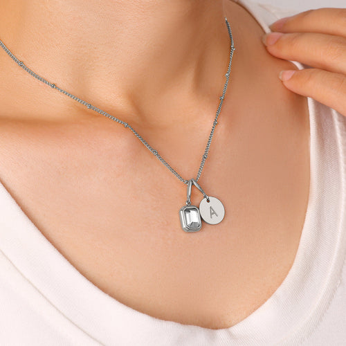 Baguette Birthstone & Initial Necklace