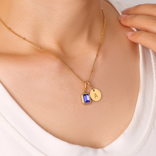 Baguette Birthstone & Initial Necklace