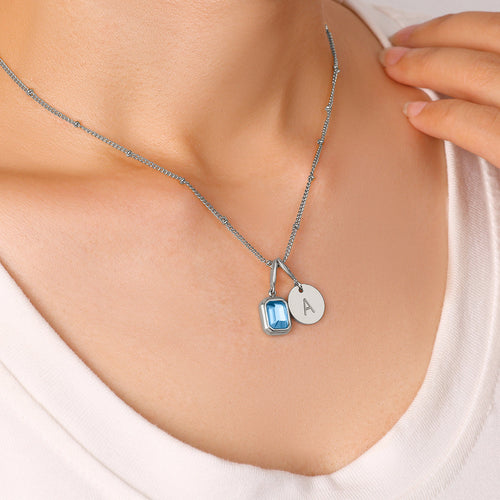 Baguette Birthstone & Initial Necklace