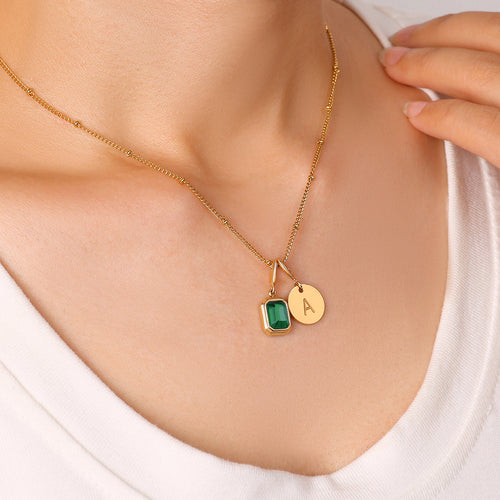 Baguette Birthstone & Initial Necklace
