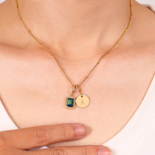 Baguette Birthstone & Initial Necklace