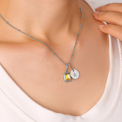 Baguette Birthstone & Initial Necklace