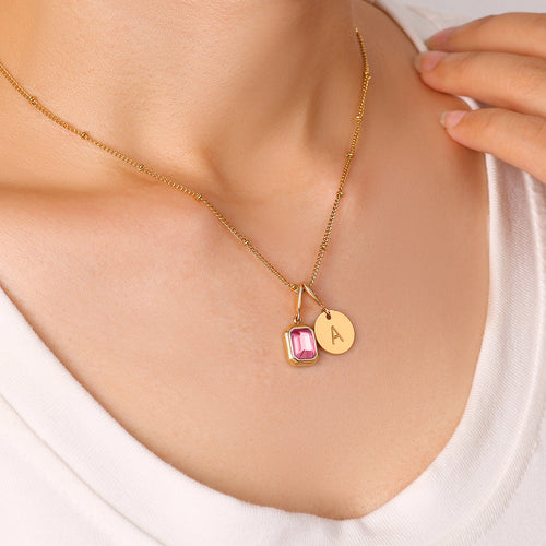 Baguette Birthstone & Initial Necklace
