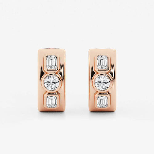 Round and Emerald Lab Grown Diamond Three Stone Huggie Hoop Earrings
