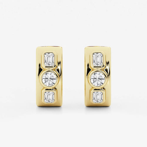 Round and Emerald Lab Grown Diamond Three Stone Huggie Hoop Earrings