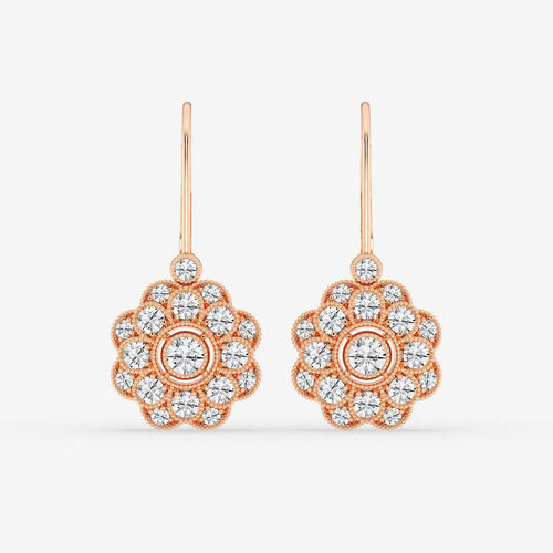 Round Lab Grown Diamond Vintage Floral Milgrain Earrings