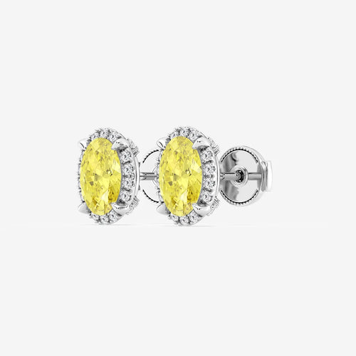 Oval Lab Grown Diamond Fancy Yellow Shadow Halo Stud Earrings