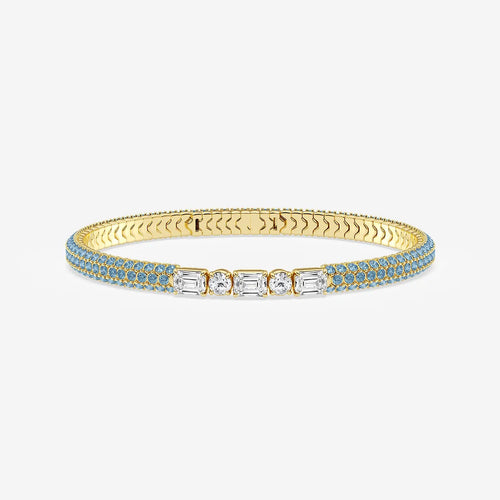 Emerald & Round Lab Grown Diamond Rollover Flexible Bangle Bracelet with 1.8 mm Blue Topaz Side Stones
