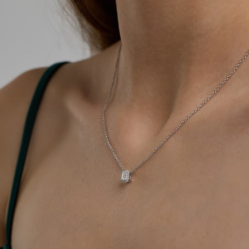 Emerald Lab Grown Diamond Halo Pendant with Adjustable Chain