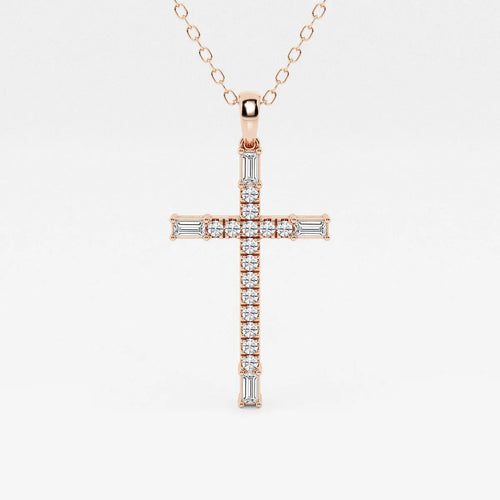 Round and Baguette Lab Grown Diamond French Pave Cross Pendant