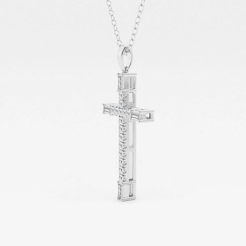 Round and Baguette Lab Grown Diamond French Pave Cross Pendant