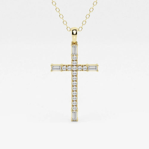 Round and Baguette Lab Grown Diamond French Pave Cross Pendant