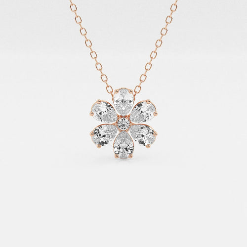 Pear and Round Lab Grown Diamond Flower Pendant with Adjustable Chain
