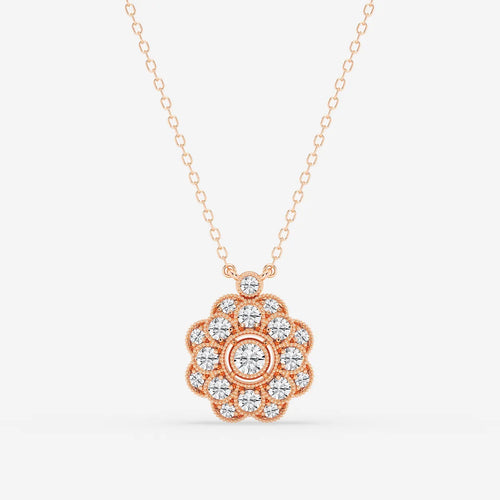 Round Lab Grown Diamond Vintage Floral Milgrain Pendant
