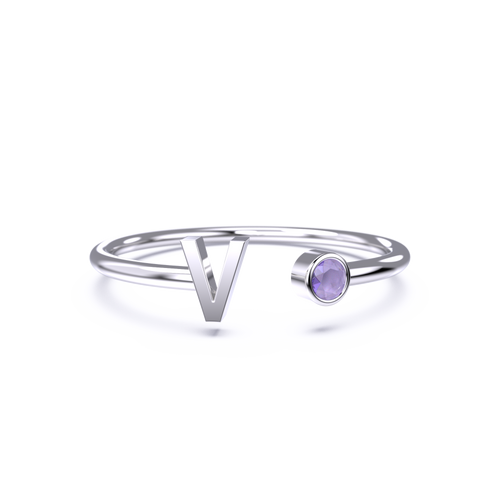 Dainty Birthstone Initial Ring