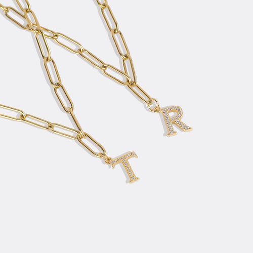 Diamond Letter Pendant Necklace with Paperclip Chain