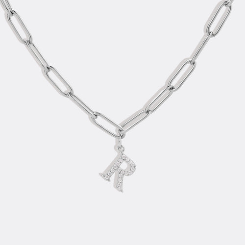 Diamond Letter Pendant Necklace with Paperclip Chain