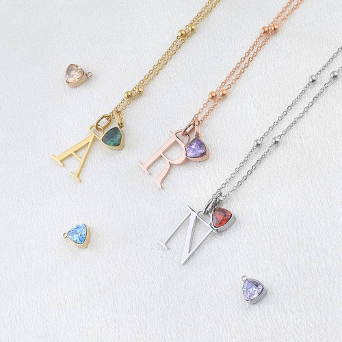 Droplet Birthstone & Initial Necklace