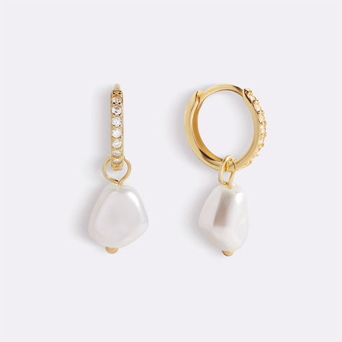 Freshwater Pearl Drop Pave Huggie Earrings