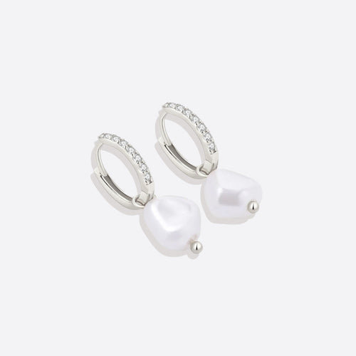 Freshwater Pearl Drop Pave Huggie Earrings