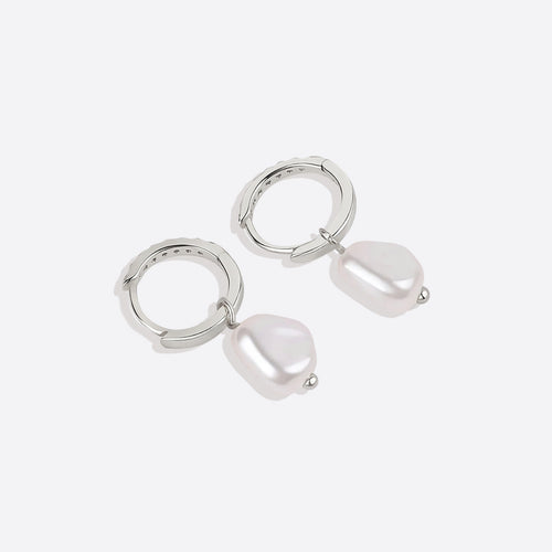 Freshwater Pearl Drop Pave Huggie Earrings