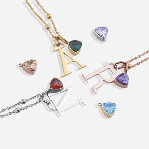 Droplet Birthstone & Initial Necklace