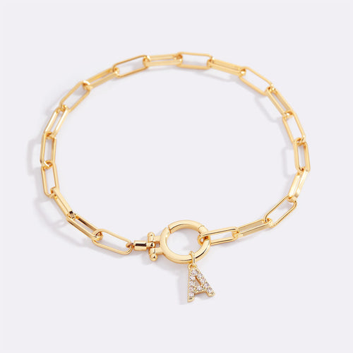 Mint Paperclip Bracelet with Pave Initial Charm