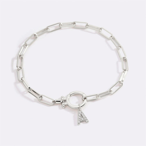 Mint Paperclip Bracelet with Pave Initial Charm