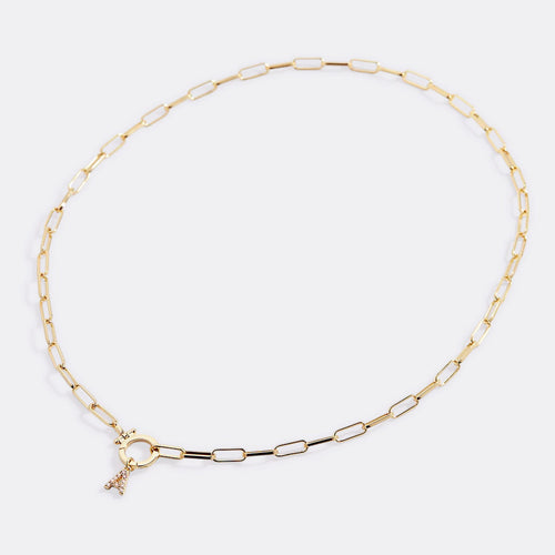 Mint Paperclip Necklace with Pave Initial Charm