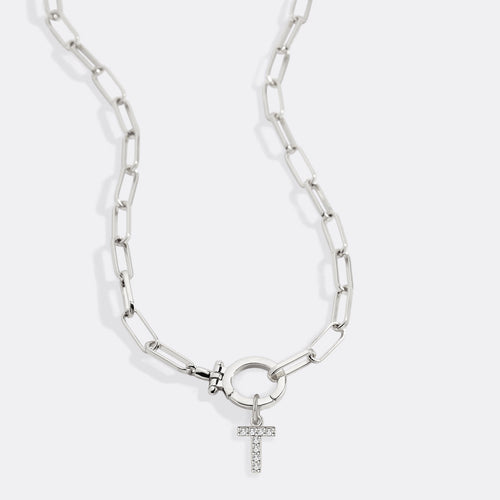 Mint Paperclip Necklace with Pave Initial Charm