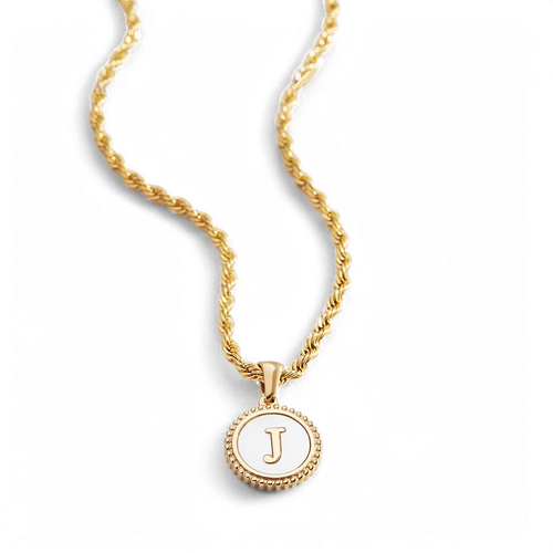 Mother of Pearl Disc Letter Necklace with Rope Chain