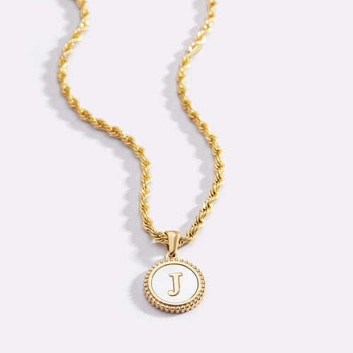 Mother of Pearl Disc Letter Necklace with Rope Chain