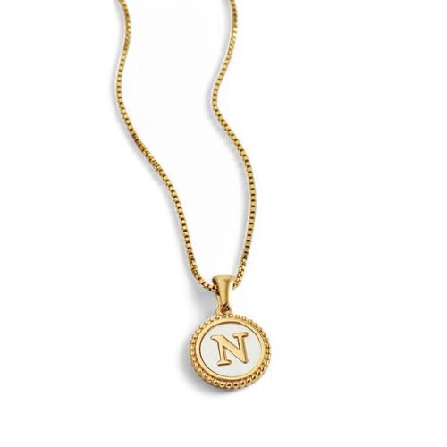 Mother of Pearl Disc Letter Necklace with Box Chain